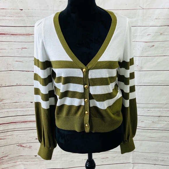 Michael Kors Sweater Women’s Medium Olive White Cardigan Striped Long Sleeve. - Picture 1 of 12